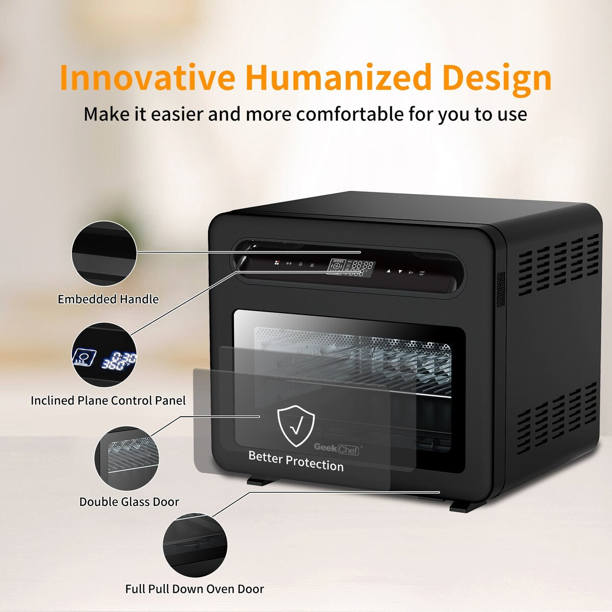 Four à pain combiné Geek Chef 26 QT avec friteuse à air et vapeur, 50 préréglages de cuisson, acier inoxydable noir