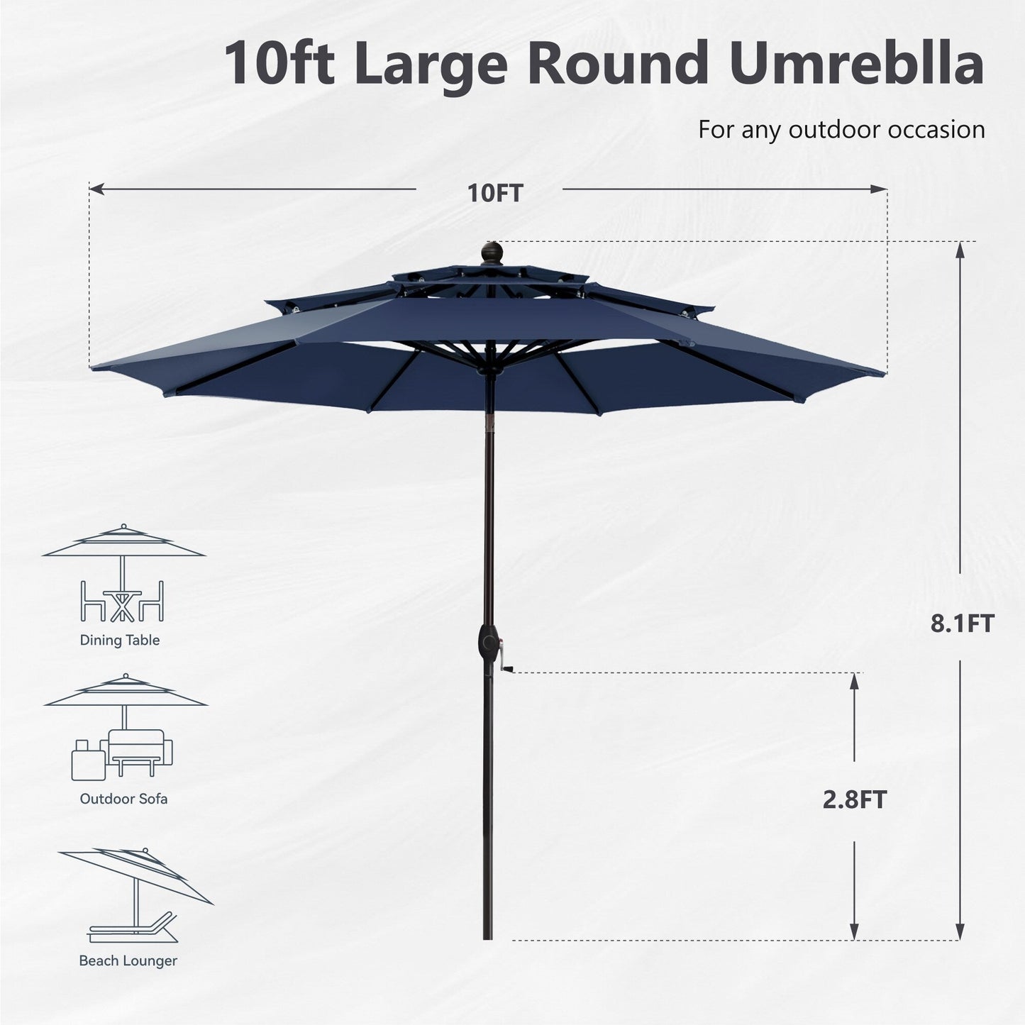 Parasol de terrasse inclinable à 3 niveaux de 10 pieds de MAISON ARTS, parasol d'extérieur à double ventilation avec lumières LED