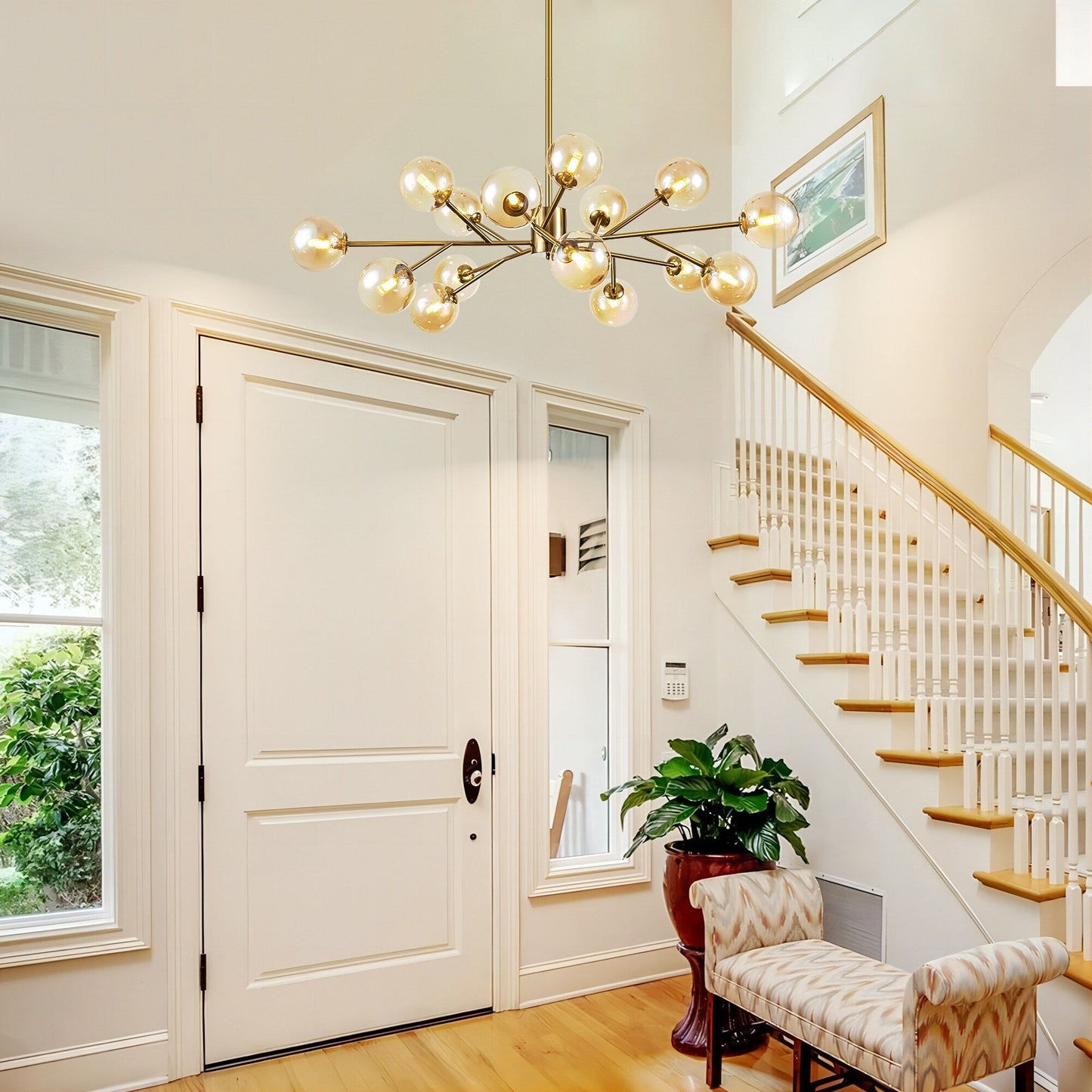 Lustre linéaire moderne à 15 lumières pour îlot de cuisine Sputnik avec branches et globes en verre