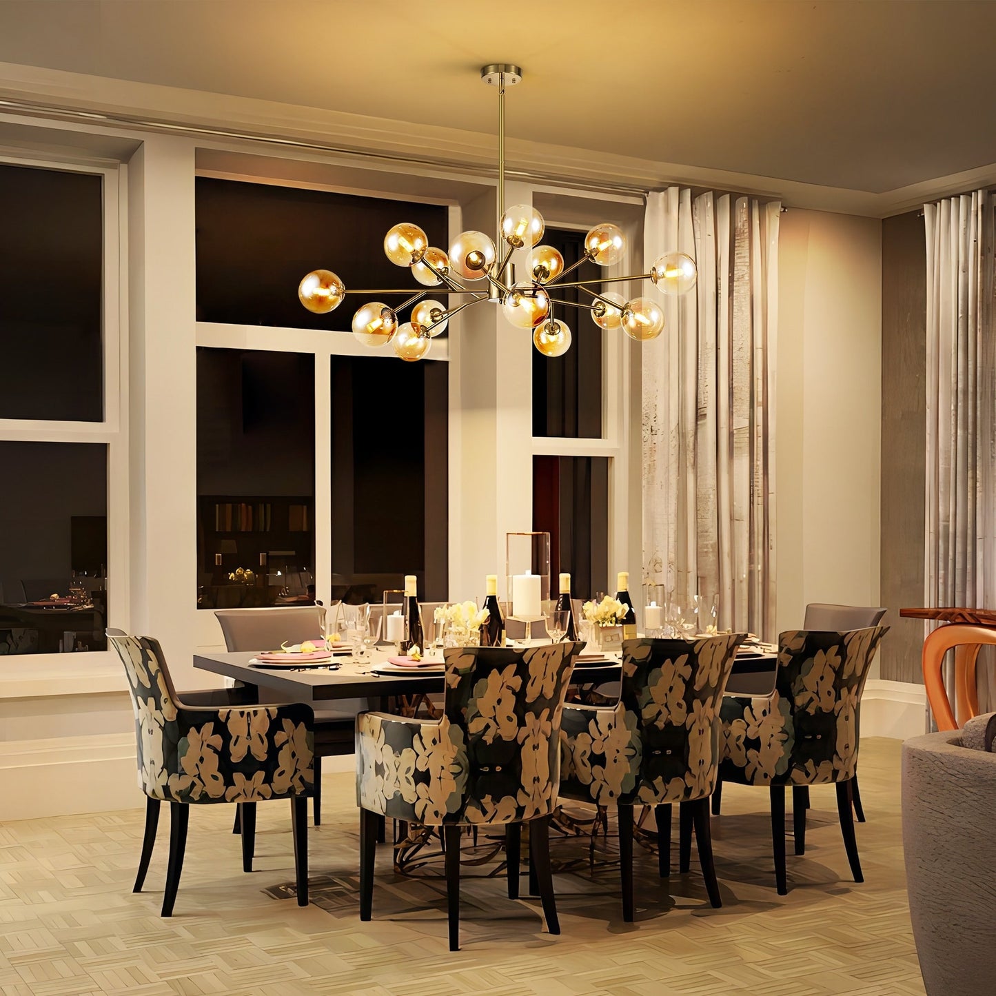 Lustre linéaire moderne à 15 lumières pour îlot de cuisine Sputnik avec branches et globes en verre