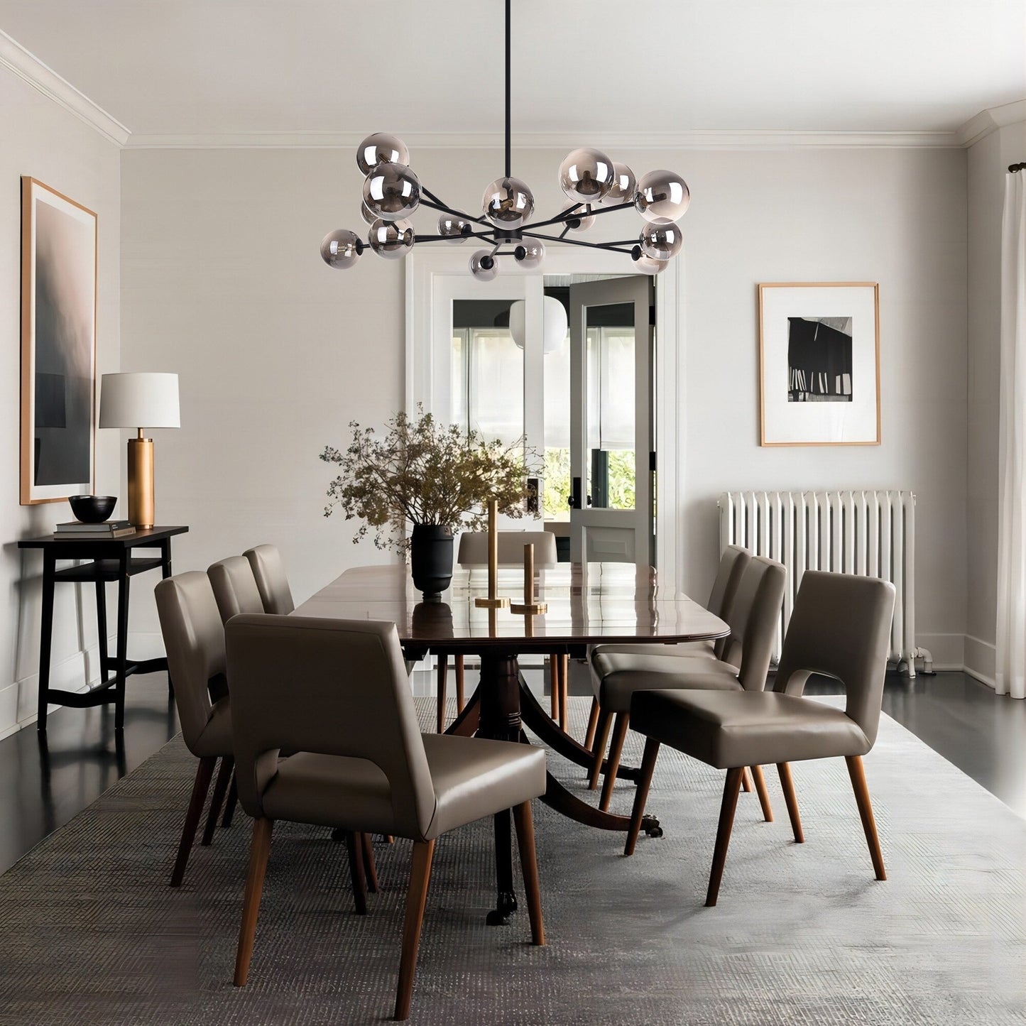 Lustre linéaire moderne à 15 lumières pour îlot de cuisine Sputnik avec branches et globes en verre