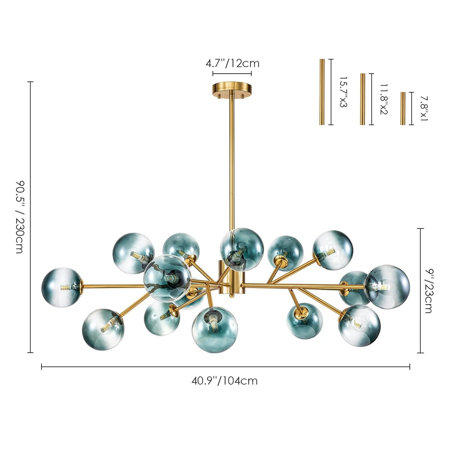 Lustre linéaire moderne à 15 lumières pour îlot de cuisine Sputnik avec branches et globes en verre