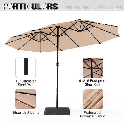 Parasol de marché extérieur rectangulaire à manivelle double face de 15 pieds, parasol de patio éclairé par LED solaire avec base incluse