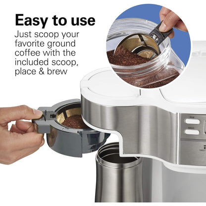 Cafetière 2 voies 12 tasses et doseur individuel, carafe en verre, pause et versement automatiques, blanche