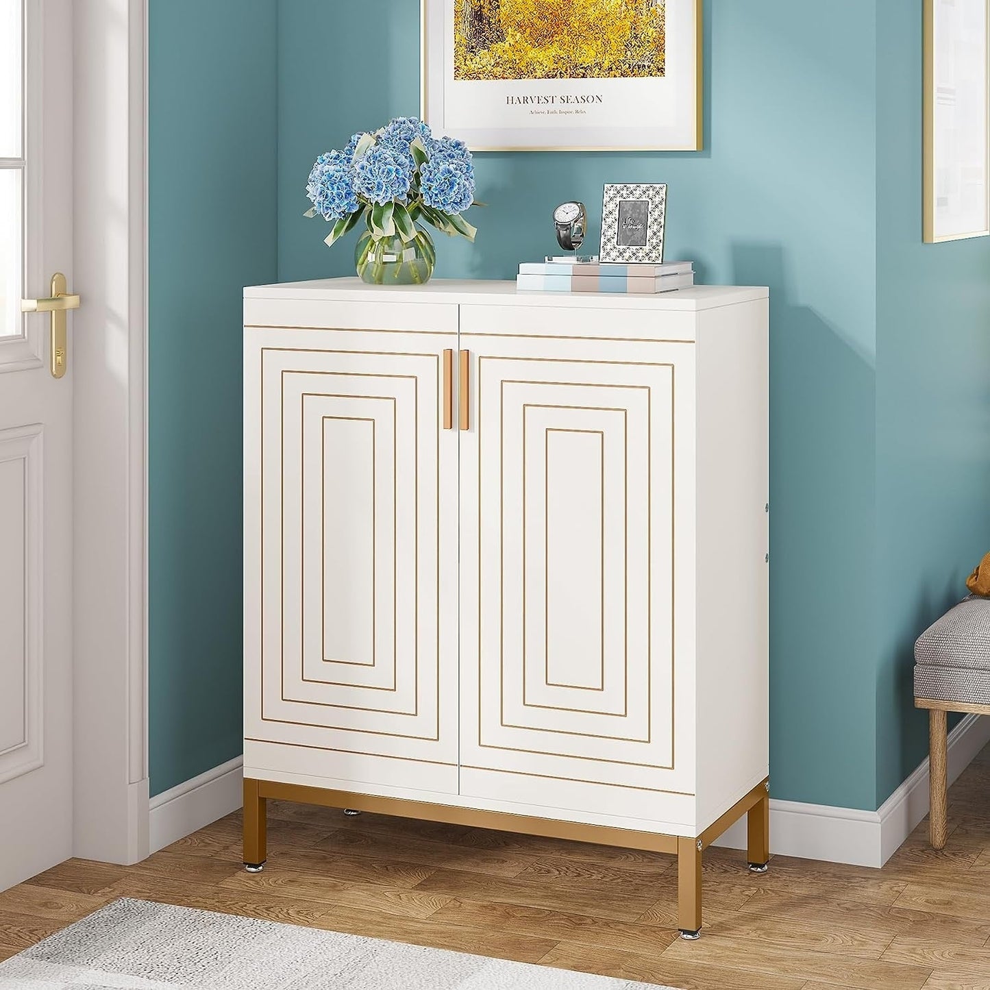 Meuble à chaussures moderne de 95 cm avec portes, blanc et doré, pour 20 paires de chaussures