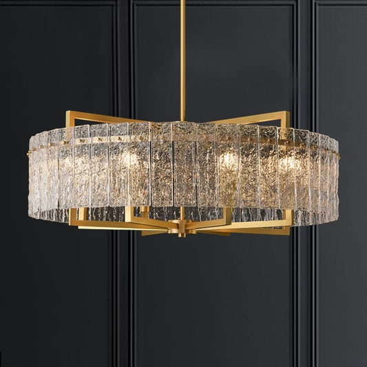 Lustre tambour moderne en cristal doré de 66 cm, 6 lumières, à intensité variable, style glamour, pour îlot de cuisine avec verre dépoli, pour salle à manger