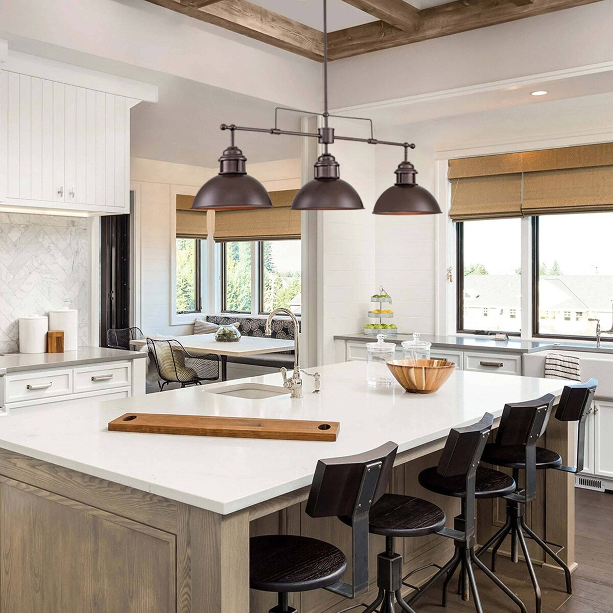 Suspension en forme de dôme de style industriel à 3 lampes, style ferme, en métal, pour îlot de cuisine linéaire, finition bronze huilé