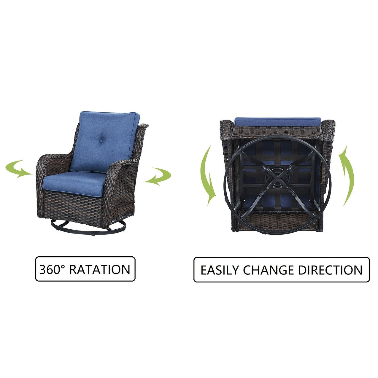 Fauteuil à bascule pivotant d'extérieur Gymojoy 3 pièces en osier avec coussin et table
