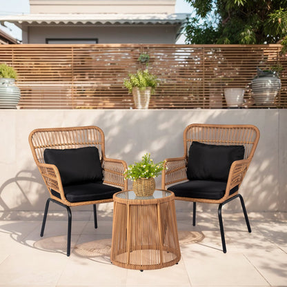 Ensemble de bistrot d'extérieur 3 pièces en osier, mobilier de jardin en rotin toutes saisons, chaises de patio avec coussins