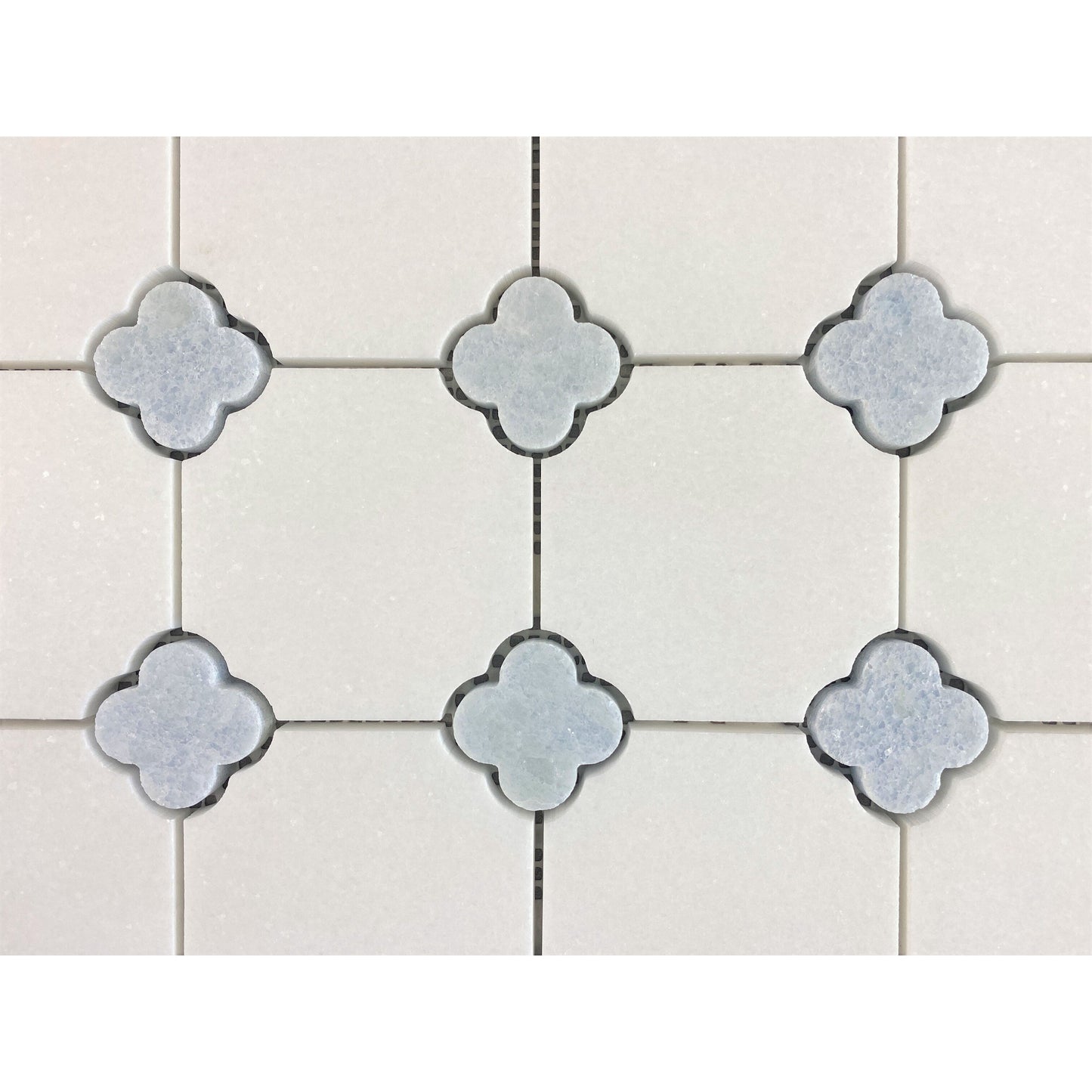Carreaux de mosaïque en marbre Thassos blanc avec motif de fleurs bleues célestes - Coffret (10 feuilles)