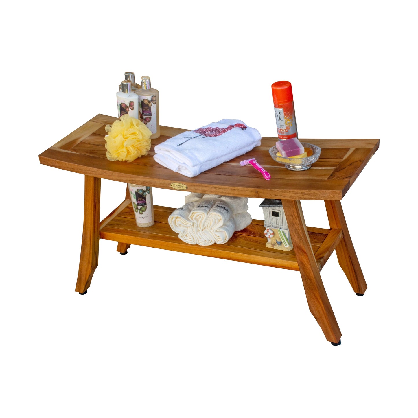 Banc de douche en teck EcoDecors Satori 86 cm, banc en bois, banc de salle de bain, sièges de douche pour adultes, tabouret de douche en teck