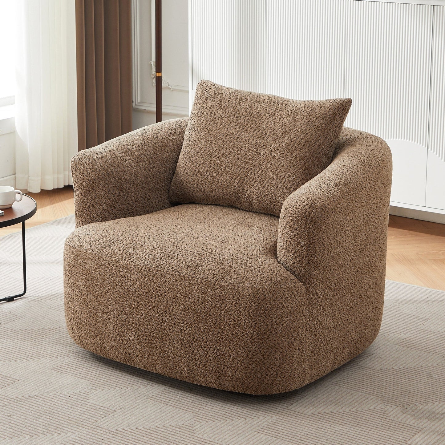 Fauteuil pivotant à 360°, fauteuil d'appoint en boucle de 38,2" avec coussin décoratif, fauteuil rembourré en forme de tonneau avec accoudoirs incurvés