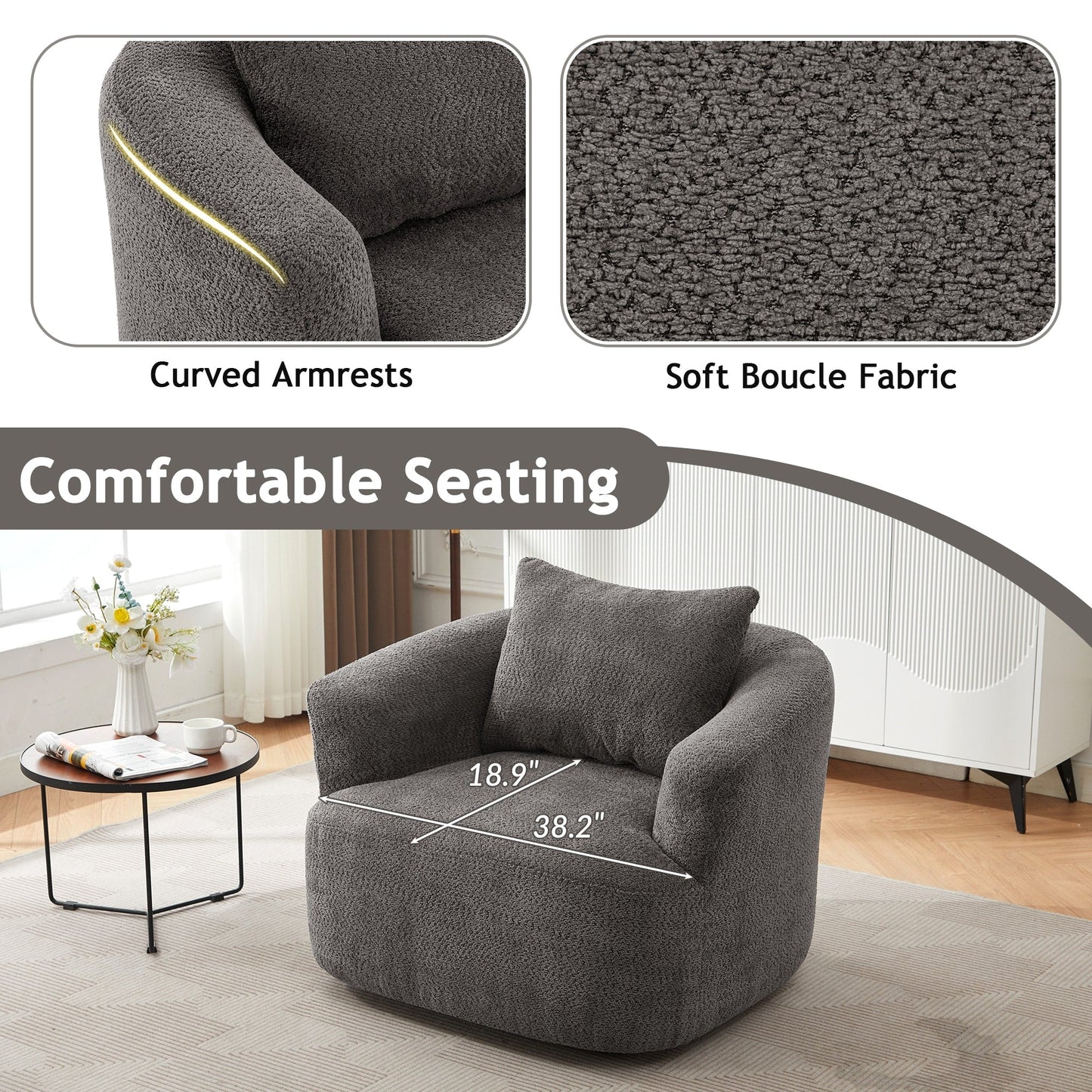 Fauteuil pivotant à 360°, fauteuil d'appoint en boucle de 38,2" avec coussin décoratif, fauteuil rembourré en forme de tonneau avec accoudoirs incurvés