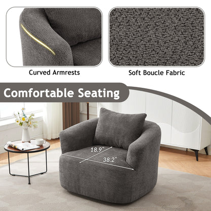 Fauteuil pivotant à 360°, fauteuil d'appoint en boucle de 38,2" avec coussin décoratif, fauteuil rembourré en forme de tonneau avec accoudoirs incurvés