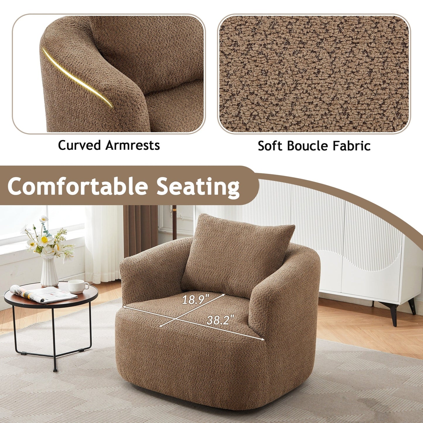 Fauteuil pivotant à 360°, fauteuil d'appoint en boucle de 38,2" avec coussin décoratif, fauteuil rembourré en forme de tonneau avec accoudoirs incurvés