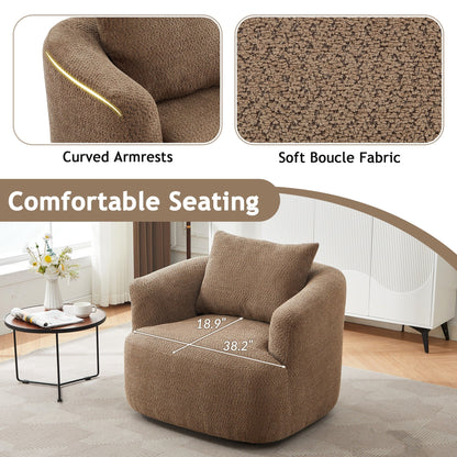 Fauteuil pivotant à 360°, fauteuil d'appoint en boucle de 38,2" avec coussin décoratif, fauteuil rembourré en forme de tonneau avec accoudoirs incurvés