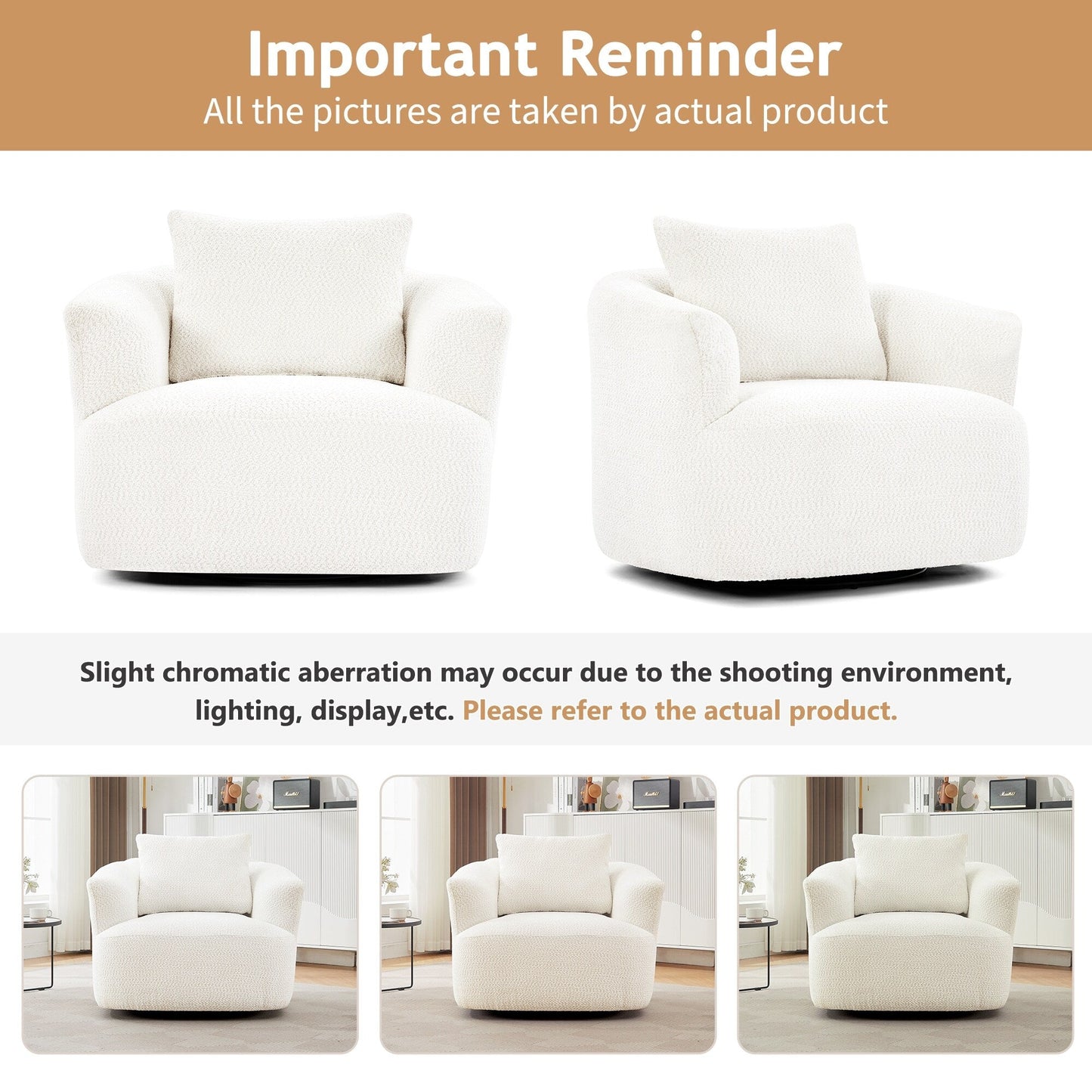 Fauteuil pivotant à 360°, fauteuil d'appoint en boucle de 38,2" avec coussin décoratif, fauteuil rembourré en forme de tonneau avec accoudoirs incurvés