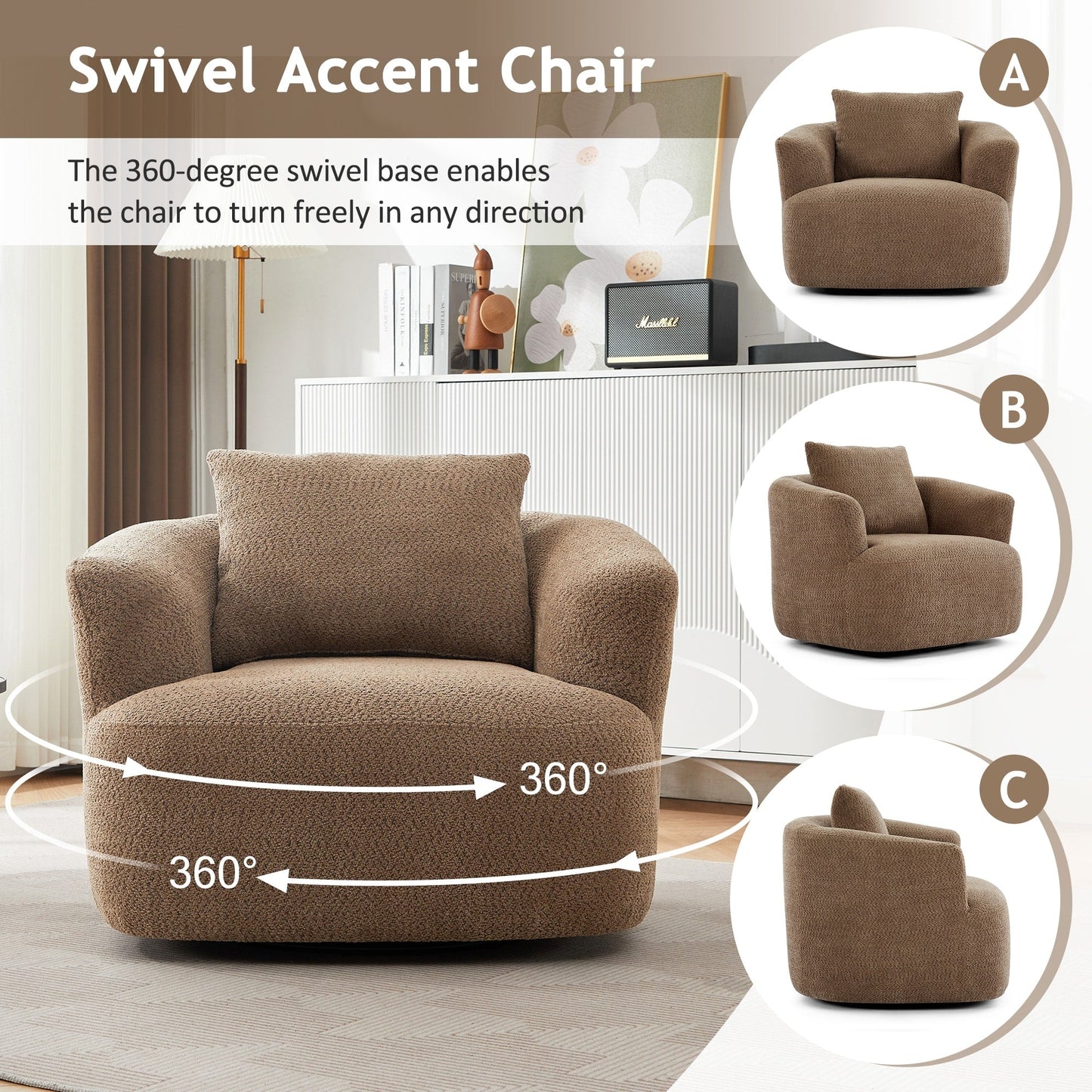 Fauteuil pivotant à 360°, fauteuil d'appoint en boucle de 38,2" avec coussin décoratif, fauteuil rembourré en forme de tonneau avec accoudoirs incurvés
