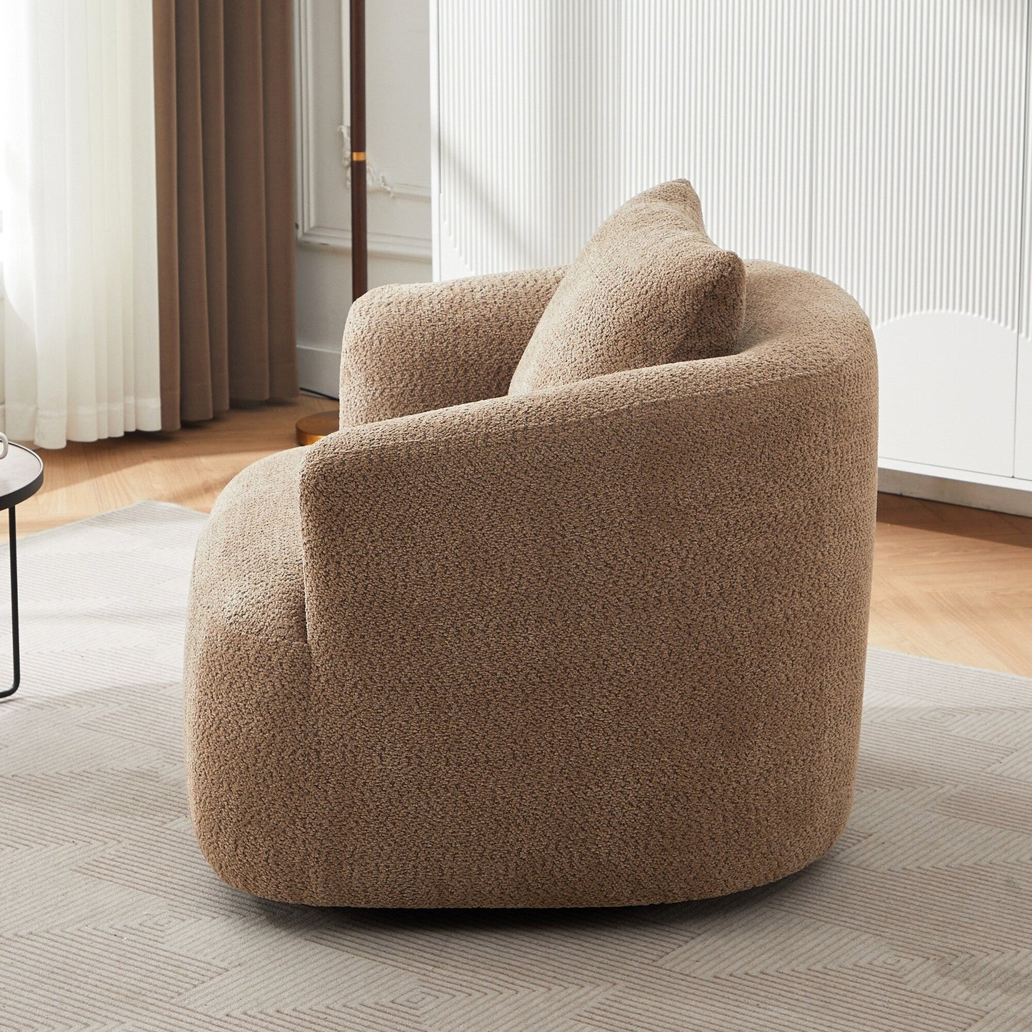 Fauteuil pivotant à 360°, fauteuil d'appoint en boucle de 38,2" avec coussin décoratif, fauteuil rembourré en forme de tonneau avec accoudoirs incurvés