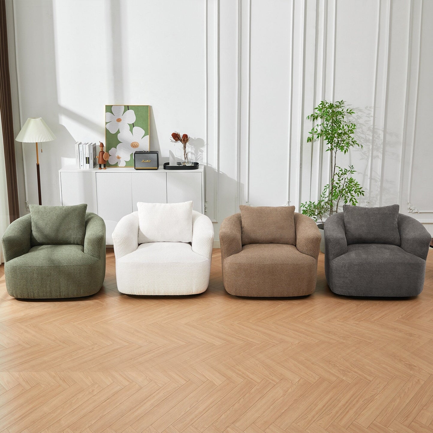 Fauteuil pivotant à 360°, fauteuil d'appoint en boucle de 38,2" avec coussin décoratif, fauteuil rembourré en forme de tonneau avec accoudoirs incurvés