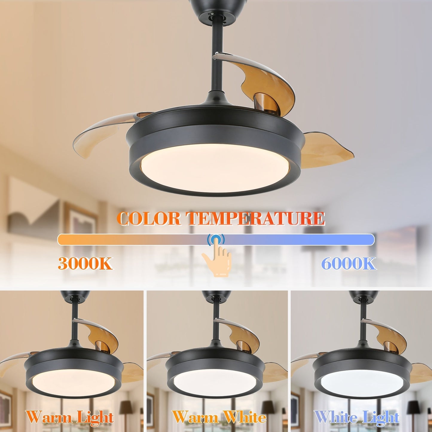 Ventilateur de plafond rétractable moderne Bella Depot 36 avec éclairage LED, pales réversibles à 6 vitesses et télécommande