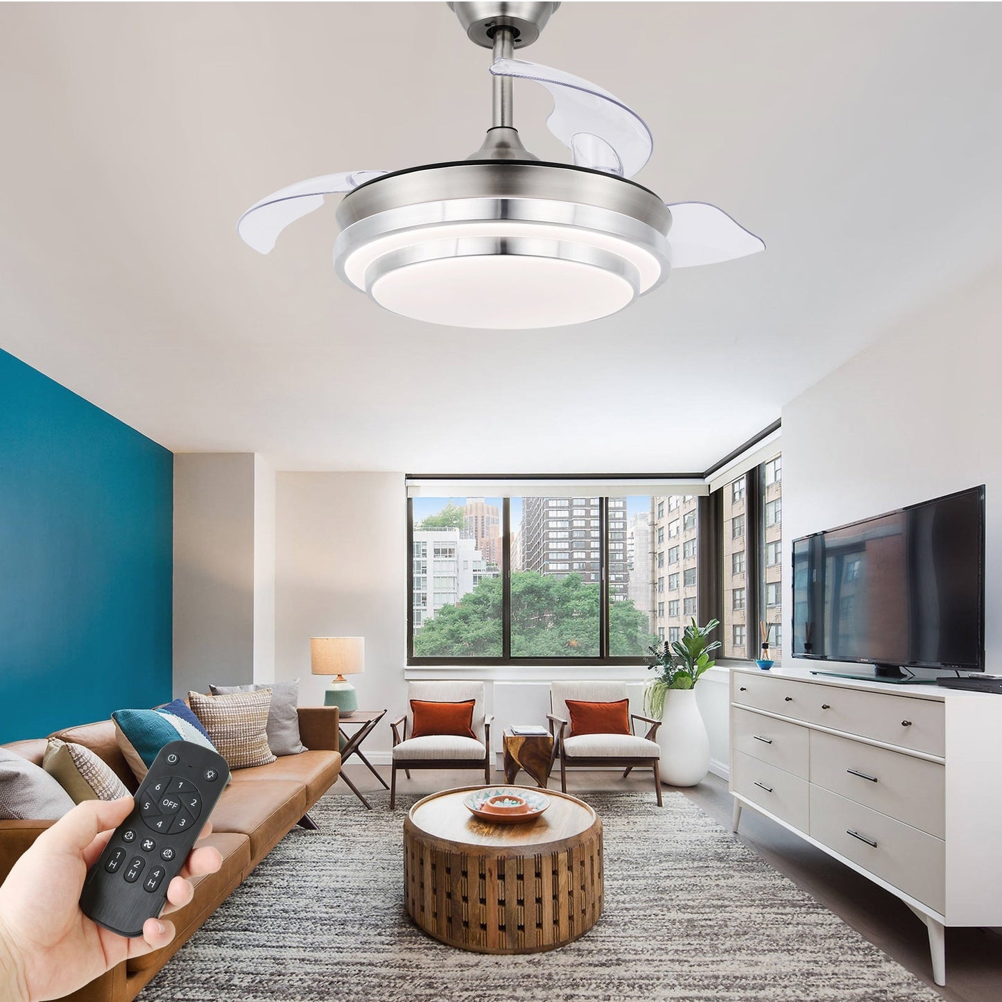 Ventilateur de plafond rétractable moderne Bella Depot 36 avec éclairage LED, pales réversibles à 6 vitesses et télécommande