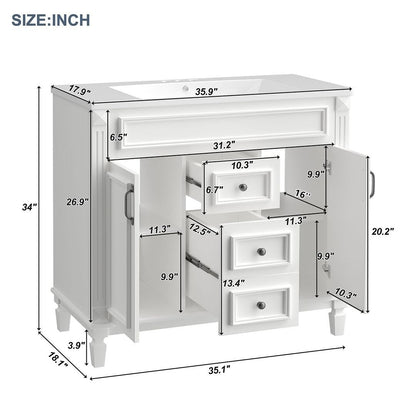 Meuble-lavabo moderne de 36 po avec lavabo supérieur et armoire à miroir, 2 portes et 2 tiroirs