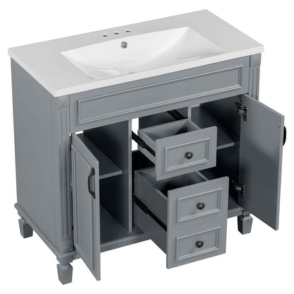Meuble-lavabo moderne de 36 po avec lavabo supérieur et armoire à miroir, 2 portes et 2 tiroirs