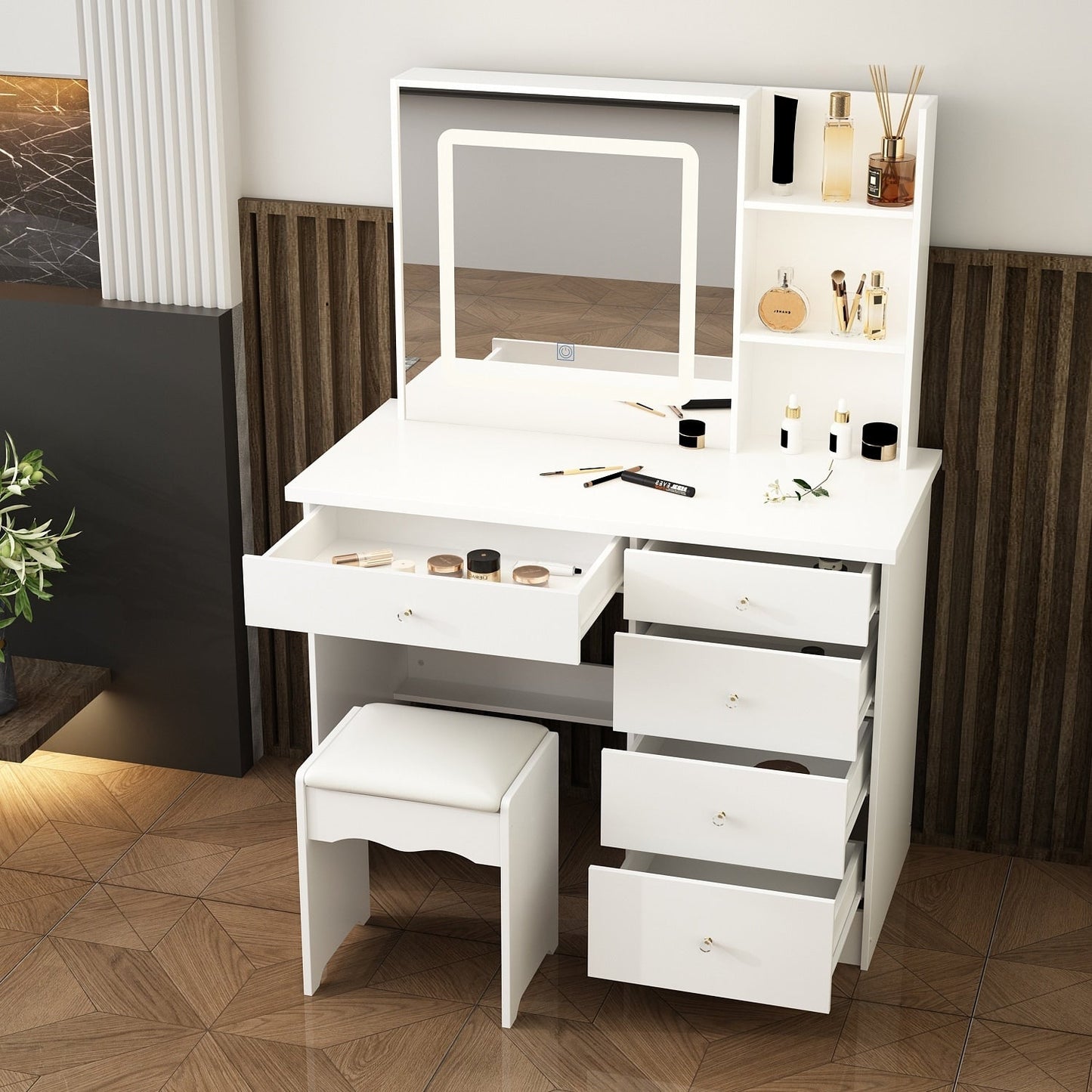Ensemble de coiffeuse de maquillage de 39,4 po de largeur avec tabouret et miroir