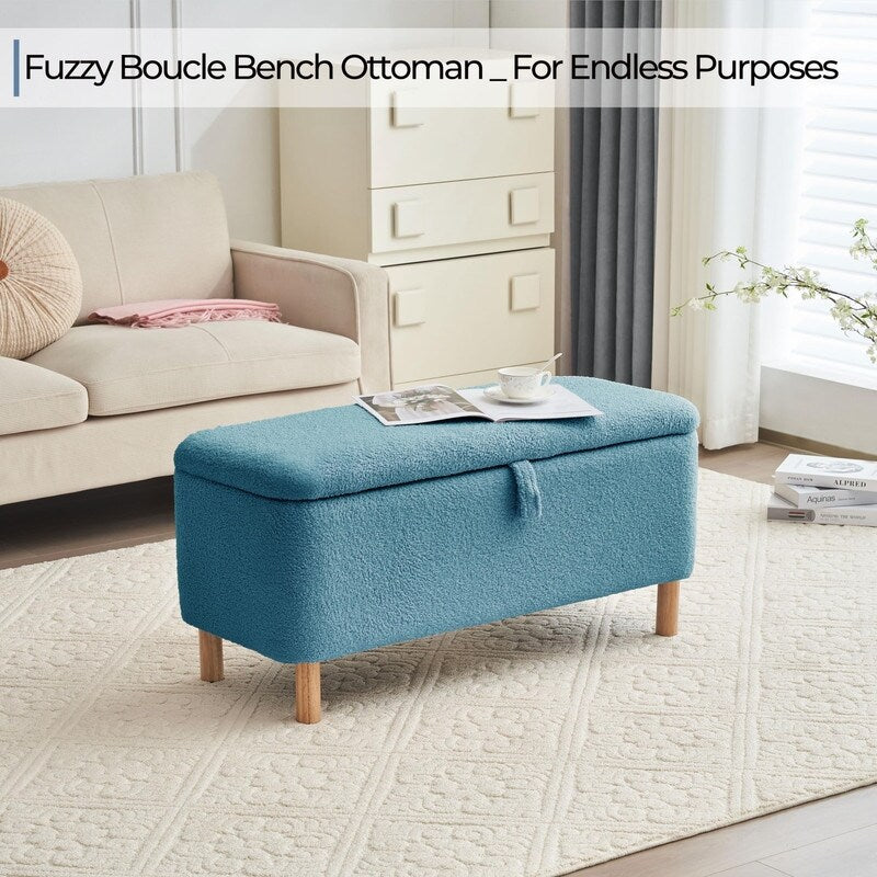 Banc ottoman de rangement en sherpa blanc cassé, repose-pieds, pour salon, chambre à coucher, pieds en bois