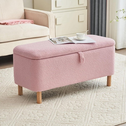 Banc ottoman de rangement en sherpa blanc cassé, repose-pieds, pour salon, chambre à coucher, pieds en bois