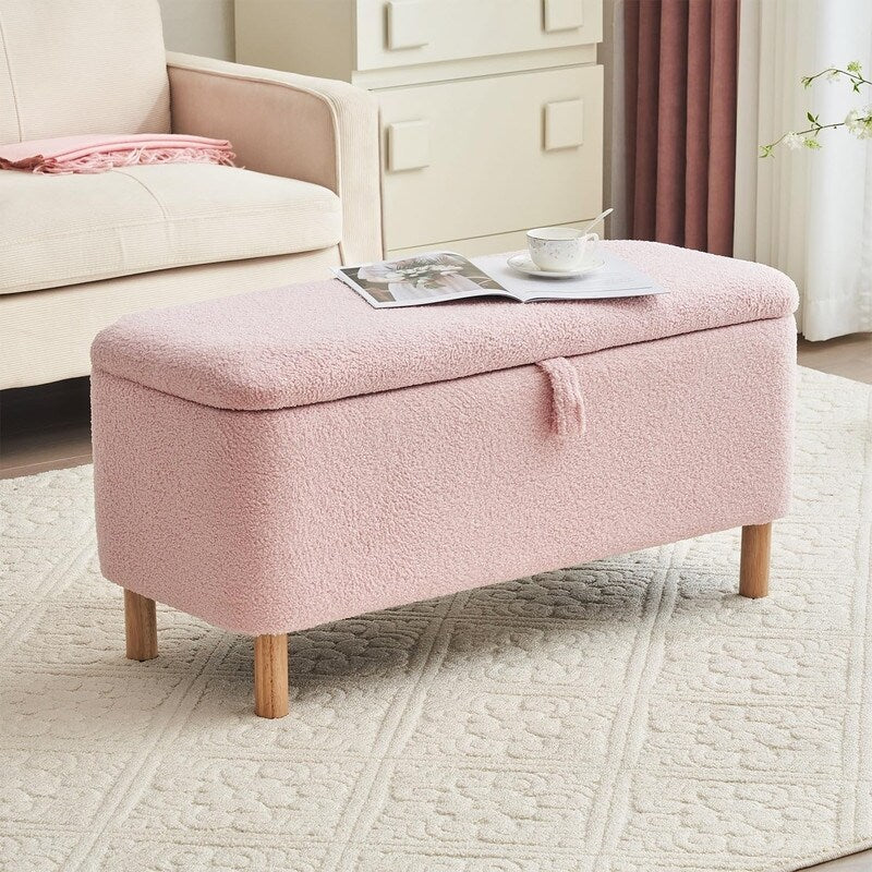 Banc ottoman de rangement en sherpa blanc cassé, repose-pieds, pour salon, chambre à coucher, pieds en bois