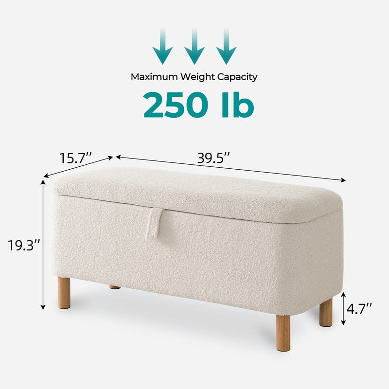 Banc ottoman de rangement en sherpa blanc cassé, repose-pieds, pour salon, chambre à coucher, pieds en bois