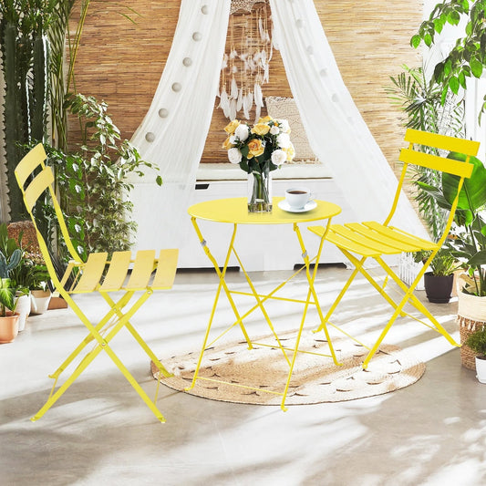 Ensemble bistrot pliant en métal 3 pièces, résistant aux intempéries, pour l'extérieur et l'intérieur, idéal pour la terrasse, la cour et le jardin.