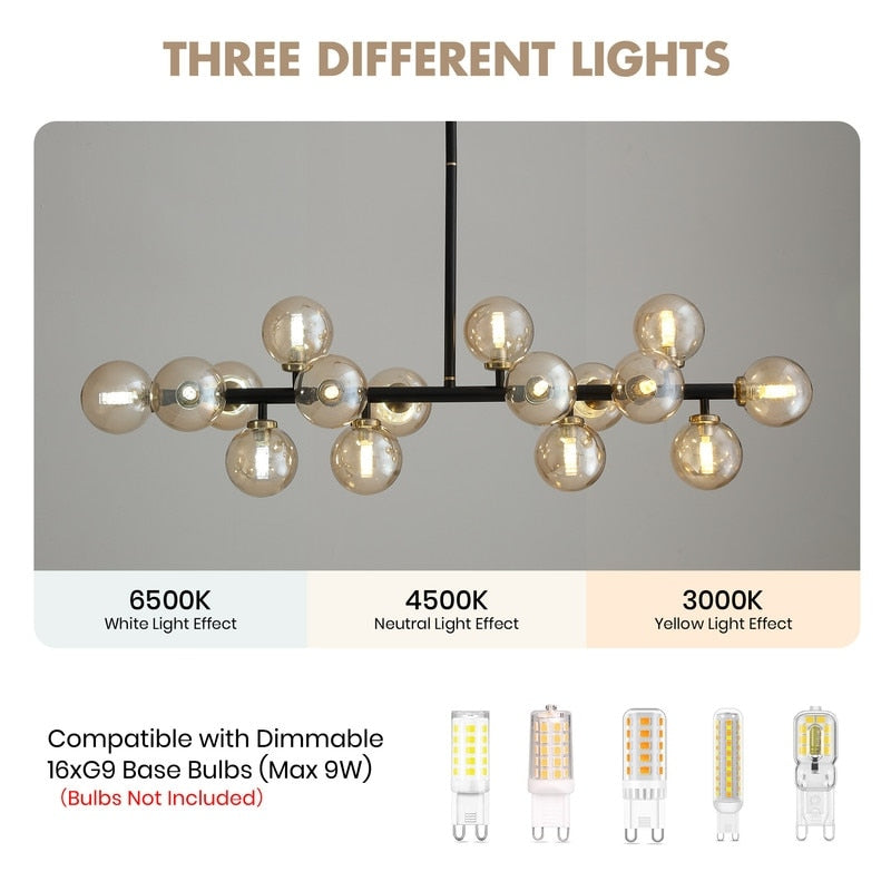 Lustre linéaire moderne du milieu du siècle de 40 po, suspension Spoutnik à 16 ampoules en laiton doré avec globe en verre dépoli pour salle à manger