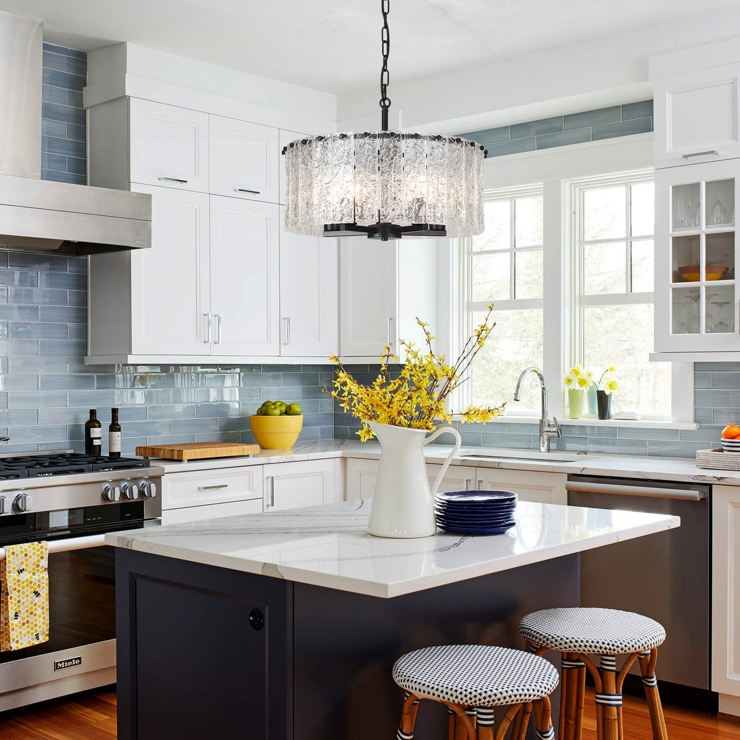 Lustre tambour rond moderne à 5 lumières, lustre semi-encastré classique, suspension pour îlot de cuisine et salle à manger