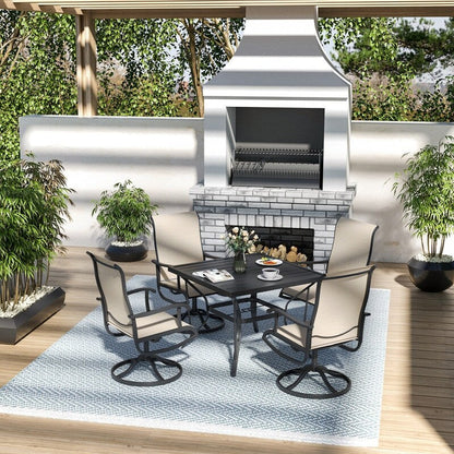 Ensemble de salle à manger d'extérieur en métal 5 pièces avec table carrée et chaises pivotantes en textilène