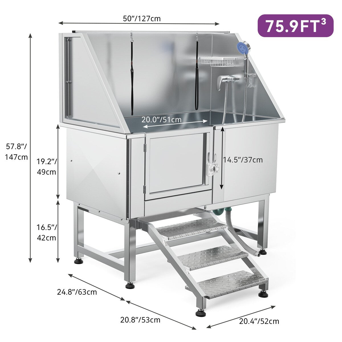 Baignoire de toilettage réglable en acier inoxydable de 50 po de largeur avec rampe et marches