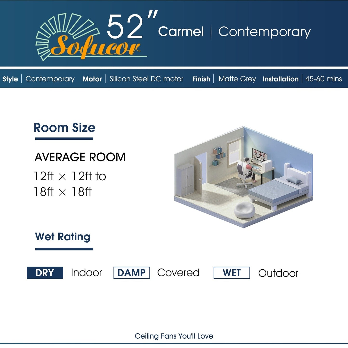 Ventilateur de plafond moderne en bois massif/ABS de 52 pouces avec télécommande (sans lumière), 6 vitesses de vent, flux d'air réversible