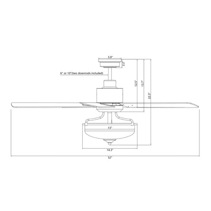 Ventilateur de plafond réversible en bois de 52 pouces, 5 pales et 3 lumières, avec télécommande