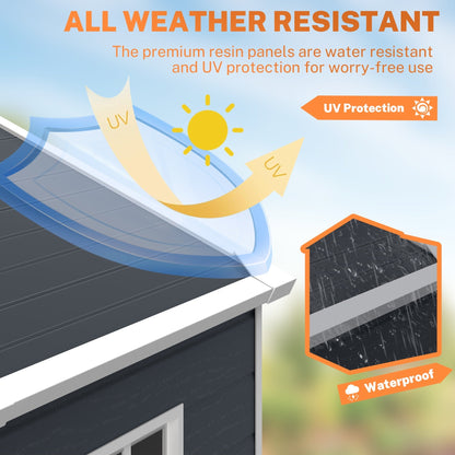 Abri de rangement extérieur en plastique et résine toutes saisons de 6 pi x 4 pi/6 pi x 8 pi/8 pi x 6 pi/8 pi x 10 pi avec plancher, abri à outils Spire