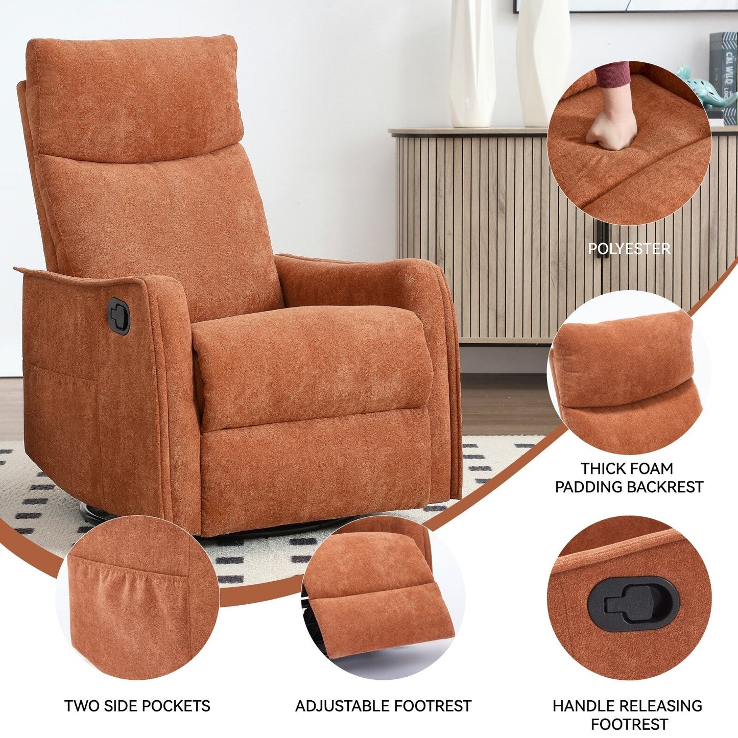 Fauteuil inclinable manuel à 8 points de massage, fauteuil à bascule pivotant en tissu, fauteuil simple avec bascule et chauffage lombaire