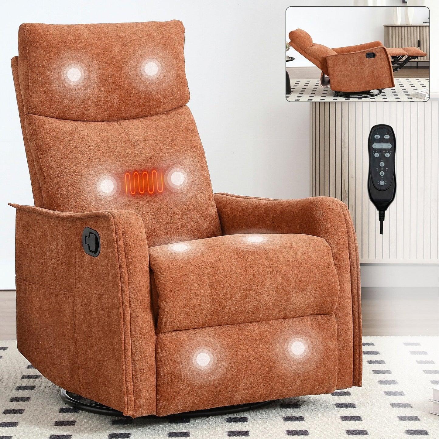 Fauteuil inclinable manuel à 8 points de massage, fauteuil à bascule pivotant en tissu, fauteuil simple avec bascule et chauffage lombaire