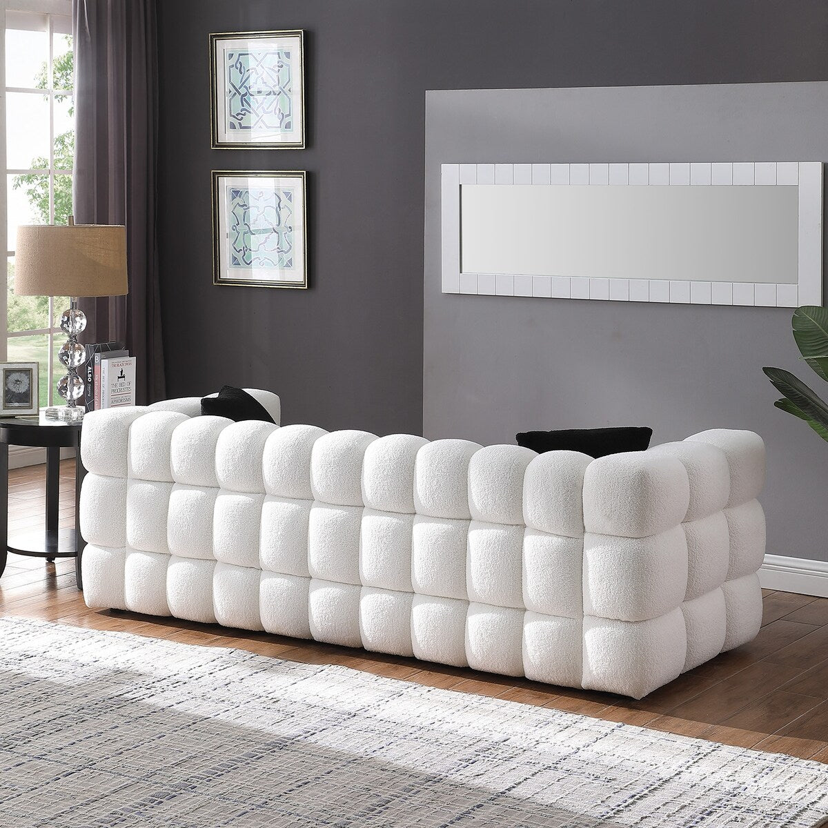 84.3 Luxueux grand canapé Boucle 3 places rembourré Marshmallow avec 2 coussins décoratifs carrés et accoudoir carré