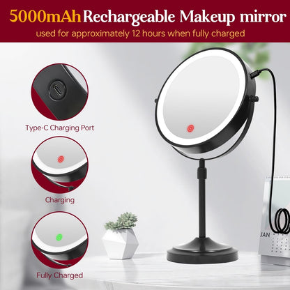 Miroir de maquillage éclairé à 9 LED, miroir grossissant double face avec grossissement 1X/10x, 3 couleurs d'éclairage