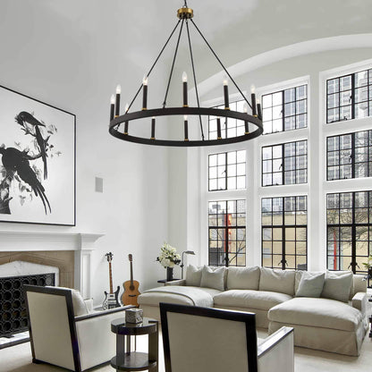 Lustre Acroma Farmhouse à 12 lumières, 40 po, en forme de roue de chariot, certifié UL - 40 po P x 138 po H