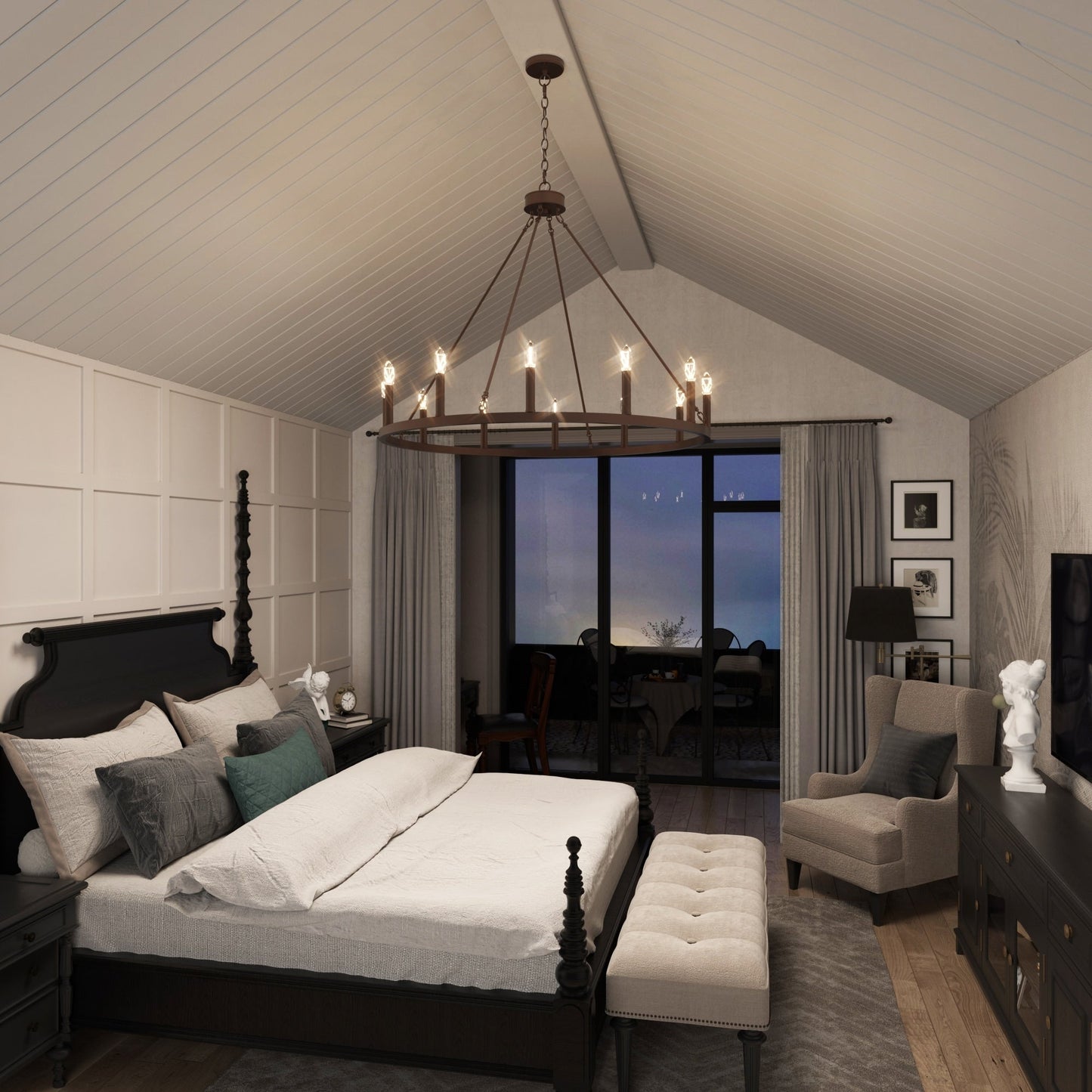 Lustre Acroma Farmhouse à 12 lumières, 40 po, en forme de roue de chariot, certifié UL - 40 po P x 138 po H