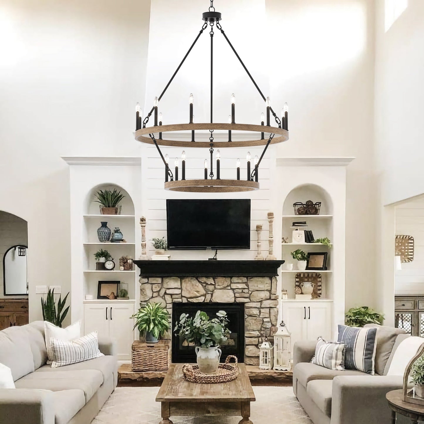 Lustre rond en forme de roue de chariot de style ferme moderne Acroma à 20 lumières de 40 po avec UL