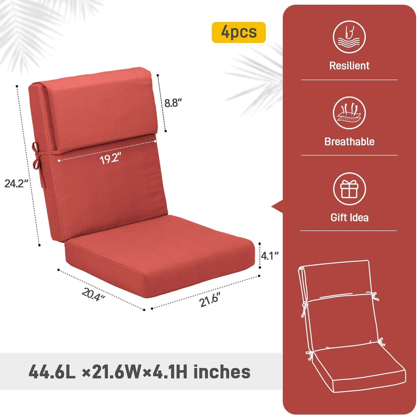 Lot de 4 coussins de chaise à dossier haut Aoodor Patio, 46 ​​x 21 x 4 pouces (coussins uniquement)