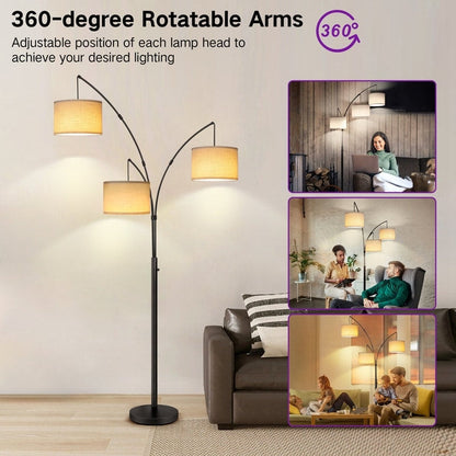 Lampadaire LED Arc à intensité variable, moderne, noir, 3 lampes, haut et arqué